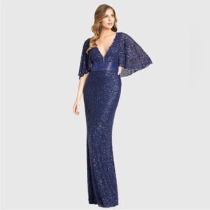 NWT $698 MAC DUGGAL Sequined V-Neck Cape Sleeve Beaded Waist Gown Dress Navy